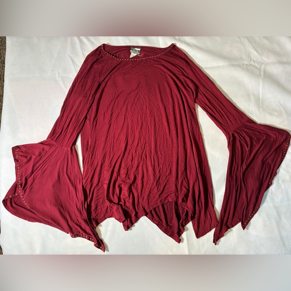 Rain Burgundy Asymmetrical Bell Sleeve Blouse w/ Gold Beaded Trim | Plus 1X - Picture 4 of 8